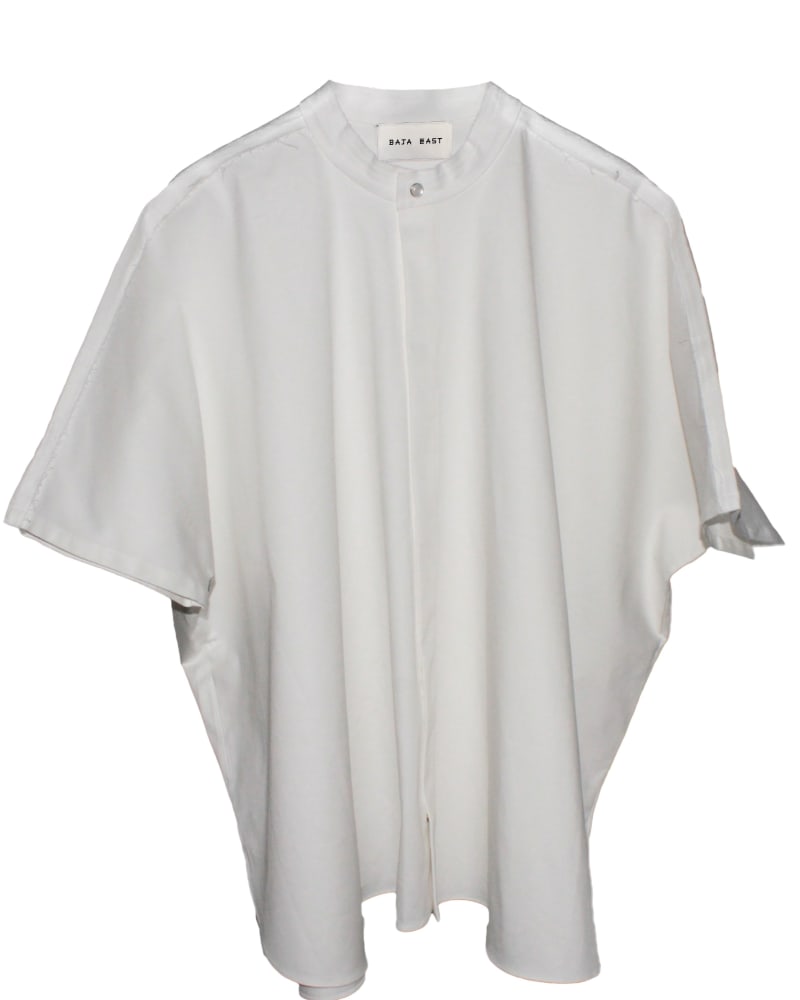 Front of a size 3 Kaftan Shirt In White Stretch Twill in White by Baja East. | dia_product_style_image_id:304609